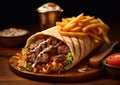 Shawarma doner kebab meal with french fries.Macro.AI Generative