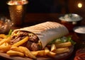 Shawarma doner kebab meal with french fries.Macro.AI Generative