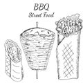 Shawarma doner kebab street food menu. chicken pita roll with vegetables, spicy meat on skewer. Vector hand drawn sketch