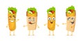 Shawarma funny smiling cartoon character set. Doner kebab cute happy face expression mascot collection. Different