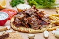 Shawarma, gyros pita. Traditional turkish, greek meat food on pita bread