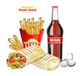 Shawarma or Kebab menu fast food Vector. Delicious shawarma with French fries and soda. Detailed illustrations