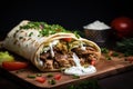 Shawarma. Meat, vegetables and salad are wrapped in pita bread. Side view