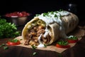 Shawarma. Meat, vegetables and salad are wrapped in pita bread. Side view Royalty Free Stock Photo