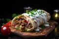 Shawarma. Meat, vegetables and salad are wrapped in pita bread. Side view