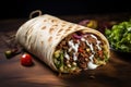 Shawarma. Meat, vegetables and salad are wrapped in pita bread. Side view