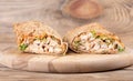 Shawarma Middle Eastern dish of pita bread, stuffed with grilled and then minced chicken meat with spices, sauces and pickled