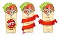 Shawarma promo banner template set, vector illustration. Turkish fast food. Realistic pita bread roll with meat, salad.