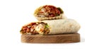 Shawarma, roll in lavash , grilled meat, with vegetables, sandwich , cut on a white background, horizontal, copy spase