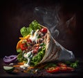 Shawarma roll in lavash, moist grilled meat with onion, herbs and vegetables