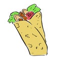 shawarma roll with meat and vegetables single vector clip art. Hand-drawn doodle illustration of fast food