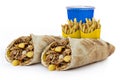 Shawarma sandwich fresh roll of, Grilled chicken and salad tortilla wrap with white sauce With Drink And Fries. Royalty Free Stock Photo