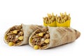 Shawarma sandwich fresh roll of, Grilled chicken and salad tortilla wrap with white sauce With Fries. Royalty Free Stock Photo