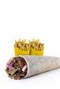 Shawarma sandwich fresh roll of, Grilled Meat and salad tortilla wrap with white sauce With Drink And Fries. Royalty Free Stock Photo