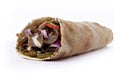 Shawarma sandwich fresh roll of, Grilled Meat and salad tortilla wrap with white sauce.