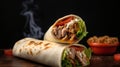 Shawarma sandwich gyro fresh roll of lavash chicken, lamb or beef shawarma Traditional Eastern oriental snack,