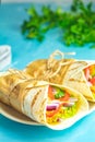 Shawarma, tacos al pastor, gyro or gyros. Traditional Middle Eastern snack Royalty Free Stock Photo