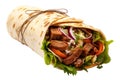 Shawarma wrap, doner kebab pita bread, street food isolated on white transparent background