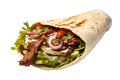 Shawarma wrap, doner kebab pita bread, street food isolated on white transparent background