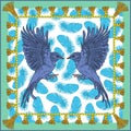 Shawl with blue birds on feather background