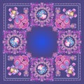 Shawl with paisley and flowers in ethnic style. Bunch of roses and cosmos flowers, floral garlands and luxury decorative ornament