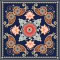 Shawl with red and orange flowers and paisley. Indian, russian,persian motives. Lovely tablecloth