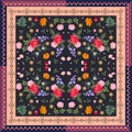 Shawl with rose, fritilaria, cosmos and bell flowers on black background and ornamental frame
