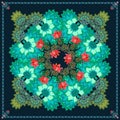 Shawl `Russian summer` with red lilies , wreath of green paisley with bell flowers