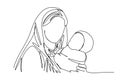 Shawl-wearing woman with a baby in her arms. Biblical stories, virgin mary with jesus christ in her arms. One line drawing vector Royalty Free Stock Photo