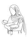 Shawl-wearing woman with a baby in her arms. Biblical stories, virgin mary with jesus christ in her arms. One line drawing vector Royalty Free Stock Photo