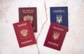Shchelkovo,Russian Federation - Mar 09, 2019: foreign and a national passports of citizen Russian Federation and Ukraine