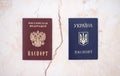 Shchelkovo, Russian Federation - Mar 09, 2019: a national passport of the Russian Federation and Ukraine on white background