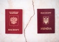 Shchelkovo,Russian Federation - Mar 09, 2019: Two foreign passports of citizen Russian Federation and Ukraine