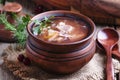 Shchi - soup made of sauerkraut, meat and tomato, old wooden bac