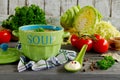 Shchi - traditional russian cabbage soup on a wooden table