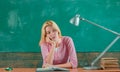 Shcool teacher in class on blackboard background. Professional portrait. Royalty Free Stock Photo