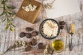 Shea butter with shea product and nuts Royalty Free Stock Photo