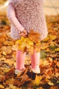 Little girl playing with autumn leaves in the park