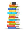 Sheaf of colorful books with square academic cap on top of it