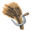 Sheaf of wheat and sickle. Fresh bread symbol illustration. Agriculture, farming concept Royalty Free Stock Photo