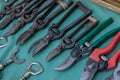 Shears closeup, old shears, rusty shears, gardening scissors. Royalty Free Stock Photo