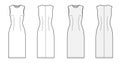 Sheath dress technical fashion illustration with fitted body, oval neck, sleeveless, pencil fullness, knee length.