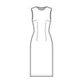 Sheath dress technical fashion illustration with fitted body, oval neck, sleeveless, pencil fullness, knee length.