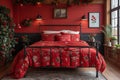 Shebby chic style bedroom in red color in a country house