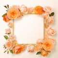 Shebby sheek floral roses frame on grunge wooden background