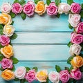 Shebby sheek floral roses frame on grunge wooden background