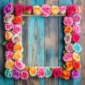 Shebby sheek floral roses frame on grunge wooden background