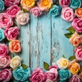 Shebby sheek floral roses frame on grunge wooden background