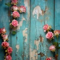 Shebby sheek floral roses frame on grunge wooden background