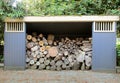 Shed filled with sawn fireplace firewood logs. Royalty Free Stock Photo